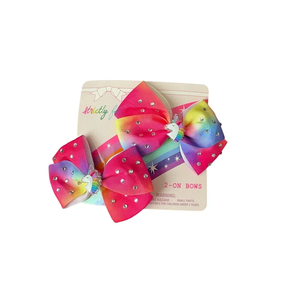 Strictly Fancy Girls 2-On Hair Bows Unicorn Rainbow Rhinestone Pink NWT